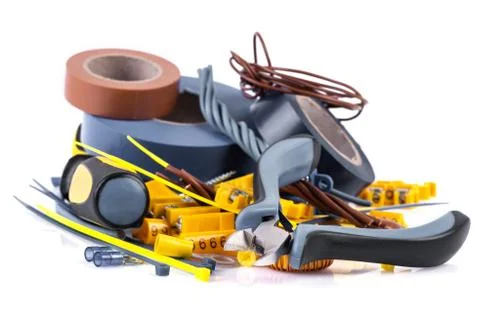 Electrical installation accessories and tools isolated on white Foto stock