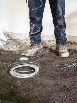 Electrical installation groundwork for industrial construction site Foto stock