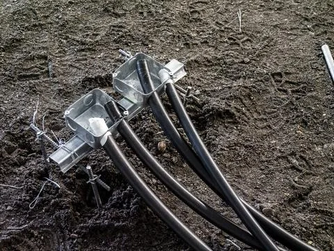 Electrical installation groundwork for industrial construction site Stock Photos