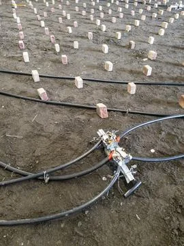 Electrical installation groundwork for industrial construction site Stock Photos