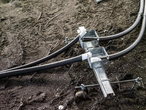 Electrical installation groundwork for industrial construction site Stock Photos