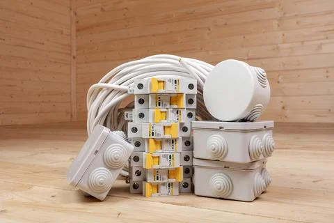 Electrical installation kit with circuit breakers, junction boxes, and cables Stock Photos