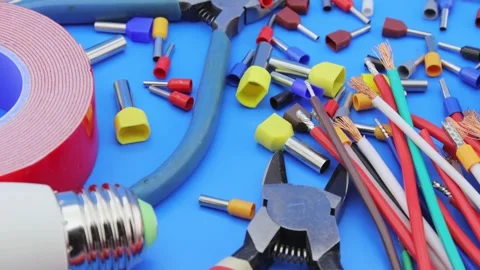 Electrical installation tools for the assembly of electrical equipment. Stock Footage 339359027