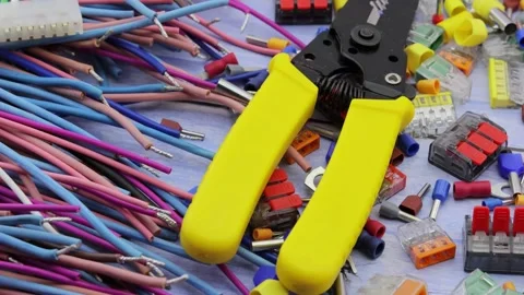 Electrical installation tools for the assembly of electrical equipment. Stock Footage 339359133