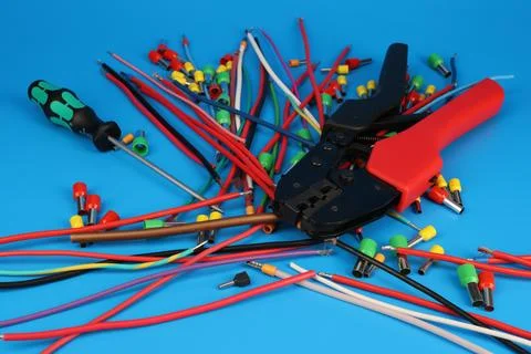 Electrical installation tools for the assembly of electrical equipment. Stock Photos