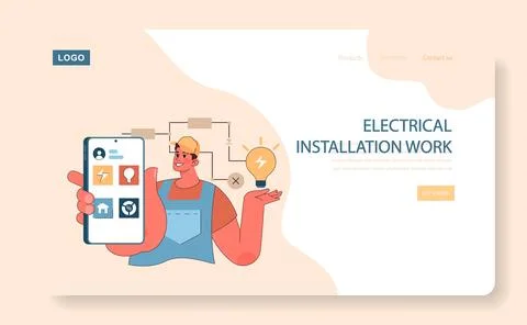Electrical Installation Work concept. Electrician with smart device showcasing Stock Illustration