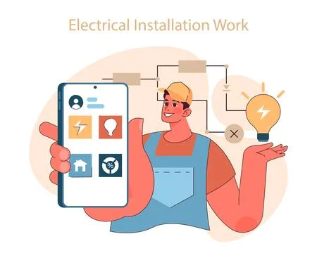 Electrical installation work concept. Electrician with smart device Stock Illustration