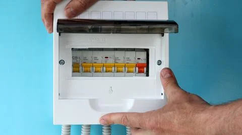 Electrical Installation work of installing consumer unit. Stock Photos