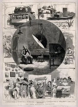 Electrical instruments exhibited at the 1881 Paris Electrical Exhibition; i.. 스톡 일러스트