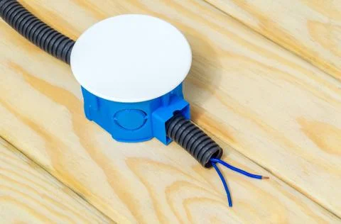 Electrical junction blue box with wires usually used in the electric installa Stock Photos