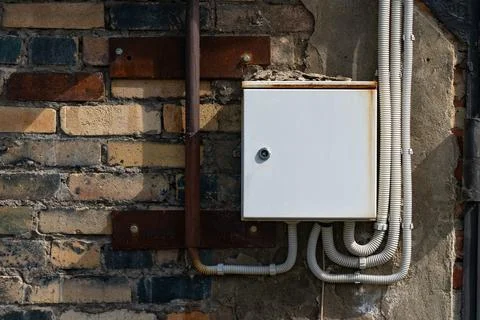 Electrical Junction Box Installed on an Aged Brick Wall Surrounded by Conduits Stock Photos