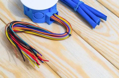 Electrical junction box with wires and tool usually used in the electric Stock Photos
