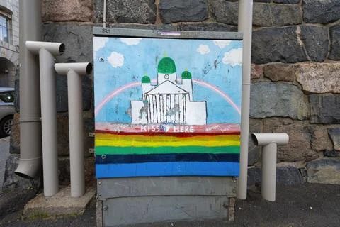 Electrical junction boxes painted in Helsinki, Finland Stock Photos