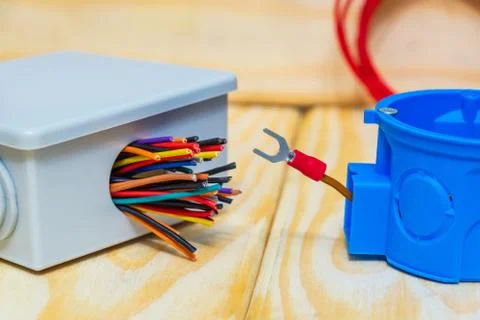 Electrical junction boxs with cables wire used in the electric installation Stock Photos
