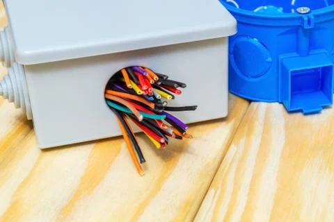 Electrical junction boxs with cables wire used in the electric installation p Stock Photos
