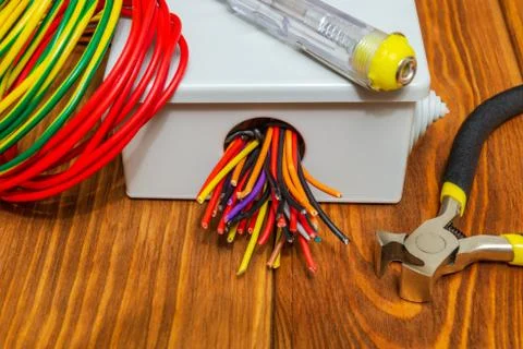 Electrical junction boxs with cables wire and tool used in the electric insta Stock Photos