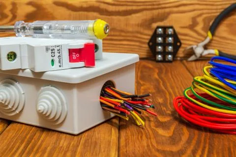 Electrical junction boxs with cables wire and tool used in the electric insta Stock Photos