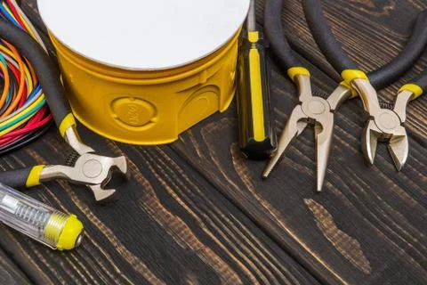 Electrical junction boxs with cables wire and tool used in the electric insta Stock Photos