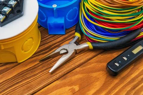 Electrical junction boxs with cables wire and tools used in the electric inst Stock Photos
