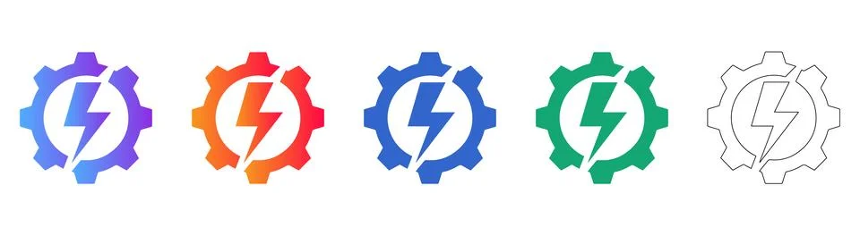 Electrical Lightning Bolt in Gear Icon Set Stock Illustration