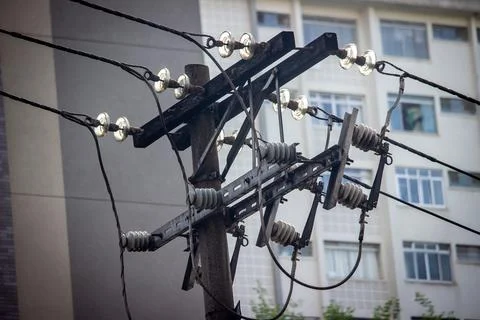 Electrical lines on pole as seen on streets of Sao Paulo Stock Photos