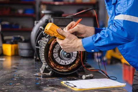 Electrical Maintenance Motor. Technician at Work measuring power meter with.. Stock Photos