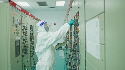 Electrical maintenance workers work on power station buildings, Covid-19 out bre Stockbeeldmateriaal 149591401
