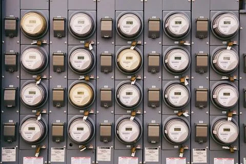 Electrical meters wall four by five 스톡 사진