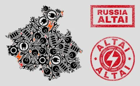 Electrical Mosaic Altai Republic Map and Snowflakes and Textured Seals 스톡 일러스트