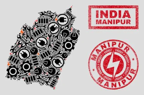 Electrical Mosaic Manipur State Map and Snow and Distress Seals 스톡 일러스트