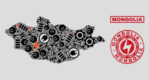Electrical Mosaic Mongolia Map and Snow and Textured Seals 스톡 일러스트