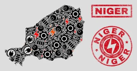 Electrical Mosaic Niger Map and Snowflakes and Grunge Stamp Seals Illustrazione stock