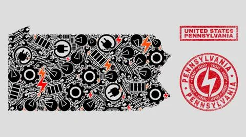 Electrical Mosaic Pennsylvania State Map and Snow and Textured Stamp Seals Illustrazione stock