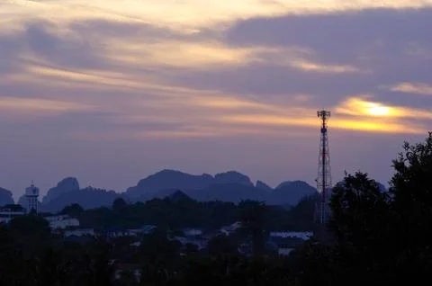 Electrical with mountain background on sunset Stock Photos