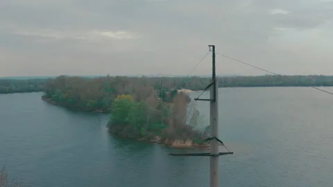 Electrical network along the river between the peninsulas. Video stock 153747674