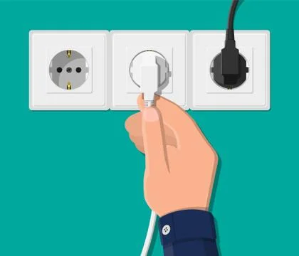 Electrical outlet and hand with plug. Stock Illustration
