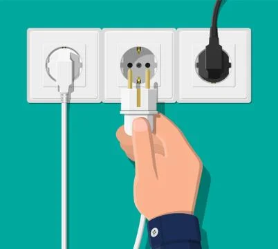 Electrical outlet and hand with plug. Stock Illustration