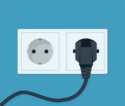 Electrical outlet and plug. Wall socket with cable. Vector illustration in fl Illustrazione stock