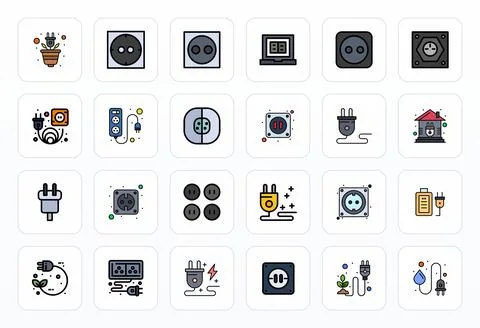 Electrical Outlet Digital Vector Pack containing 24 Grid Fitted Filled Line.. Illustrazione stock