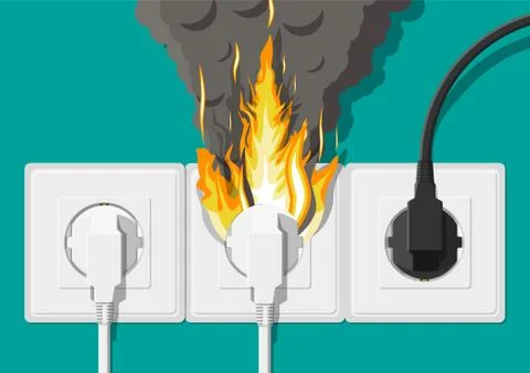 Electrical outlet on fire. Overload of network. Stock Illustration