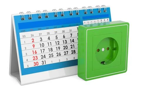 Electrical outlet, socket with desk calendar. 3D rendering Illustrazione stock