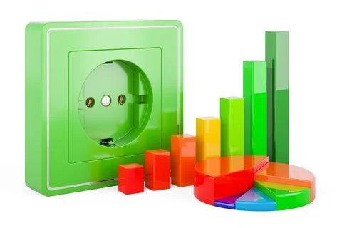 Electrical outlet, socket with growth bar graph and pie chart. 3D rendering Stock Illustration