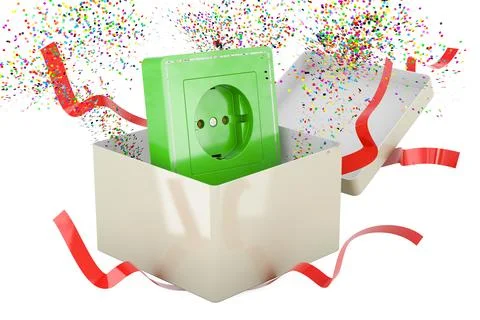 Electrical outlet, socket inside gift box. 3D rendering Stock Illustration