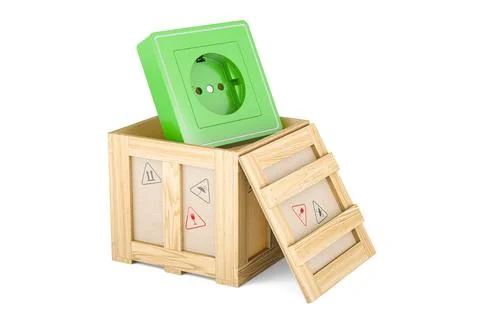Electrical outlet, socket inside wooden box, delivery concept. 3D rendering Stock Illustration
