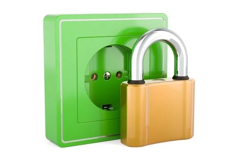 Electrical outlet, socket with padlock. 3D rendering Illustrazione stock