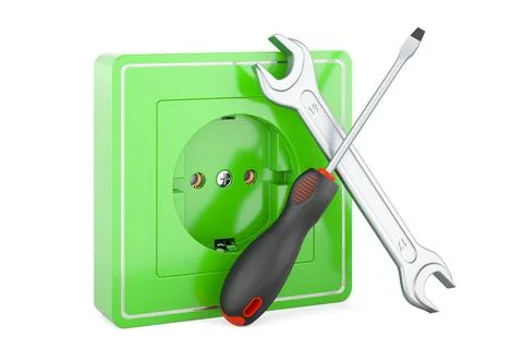Electrical outlet, socket with screwdriver and wrench. 3D rendering Illustrazione stock