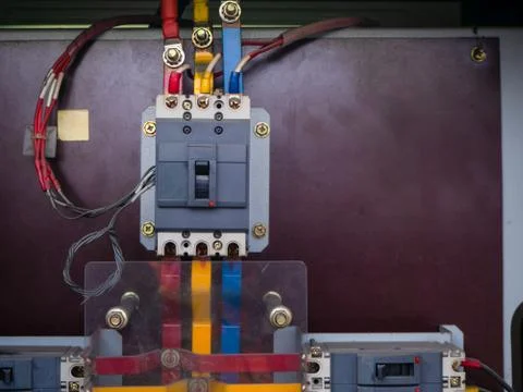 Electrical panel at a assembly line factory. Controls and switches. Foto stock