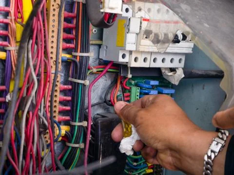 Electrical panel at a assembly line factory. Controls and switches. Stock Photos