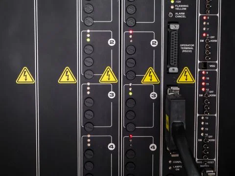Electrical panel at a assembly line factory. Controls and switches. Foto stock