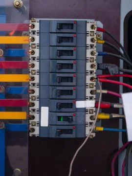 Electrical panel at a assembly line factory. Controls and switches. Foto stock